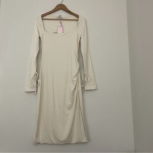 Oh Polly Sawyer Square Neck Long Sleeve Midi Dress in Ivory Size 8